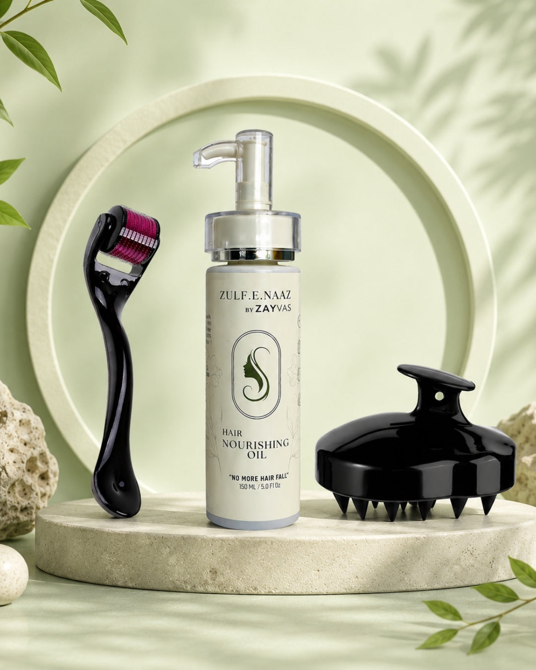 Hair care product with scalp massager and hair removal tool on a decorative stand with green leaves.